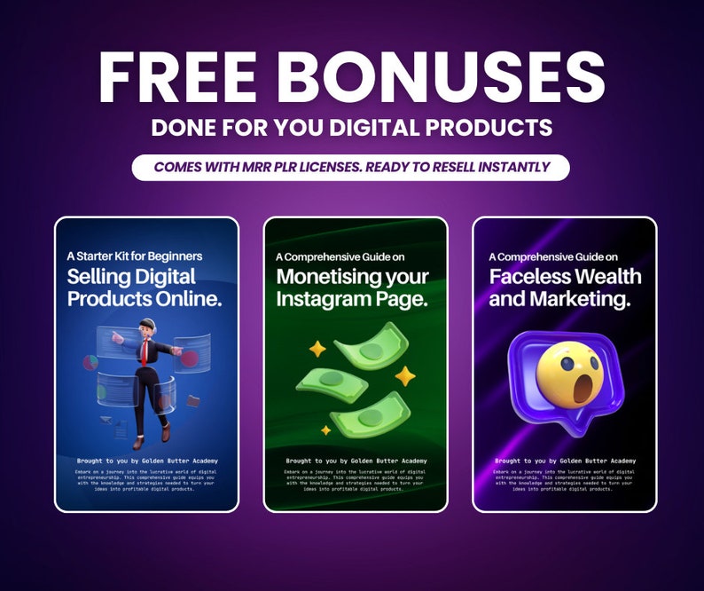 May include: Three digital product mockups with a purple background. The first mockup is blue and features a cartoon character selling digital products online. The second mockup is green and features a cartoon image of money with the text "Monetising your Instagram Page." The third mockup is black and features a cartoon emoji with the text "Faceless Wealth and Marketing."