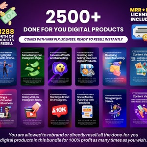 May include: A digital product bundle with 2500+ done-for-you digital products, including guides on selling digital products online, monetising Instagram pages, faceless wealth and marketing, creating and selling digital products, mastering email marketing, starting a Stan store, going viral on Instagram Reels, starting a brand on Instagram, social media planning with templates, designing on Canva, and content vault with photos, videos, content ideas, hooks, and captions. The bundle comes with MRR and PLR licenses and is ready to resell instantly. The text "&pound;3288 worth of products to resell" is also included in the image.