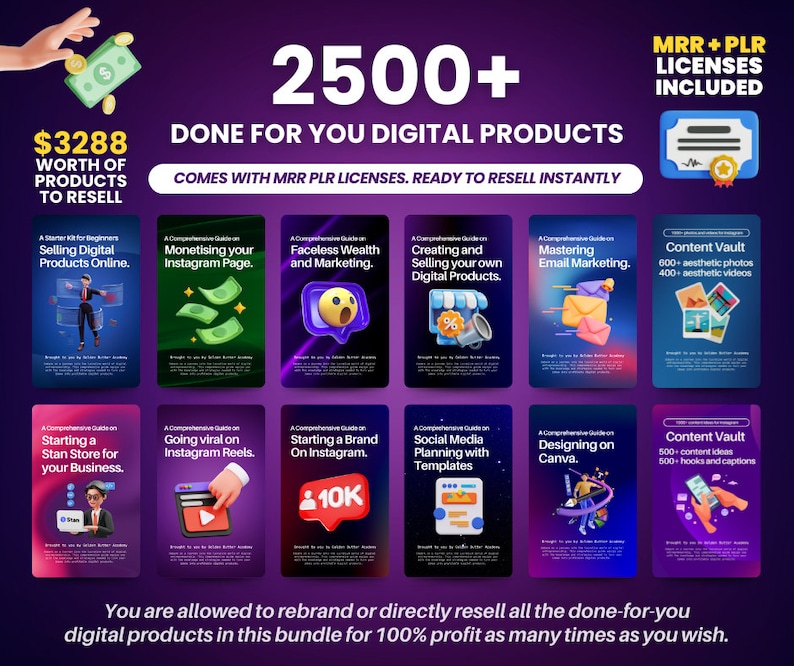 May include: A digital product bundle with 2500+ done-for-you digital products, including guides on selling digital products online, monetising Instagram pages, faceless wealth and marketing, creating and selling digital products, mastering email marketing, starting a Stan store, going viral on Instagram Reels, starting a brand on Instagram, social media planning with templates, designing on Canva, and content vault with photos, videos, content ideas, hooks, and captions. The bundle comes with MRR and PLR licenses and is ready to resell instantly. The text "&pound;3288 worth of products to resell" is also included in the image.