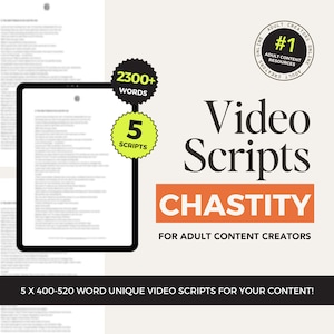 Puede incluir: Imagen que presenta una tableta que muestra texto, acompañada de gráficos que indican más de 2300 palabras y 5 guiones. El texto dice "Video Scripts CHASTITY for Adult Content Creators". Texto adicional dice "5 X 400-520 word unique video scripts for your content!"
