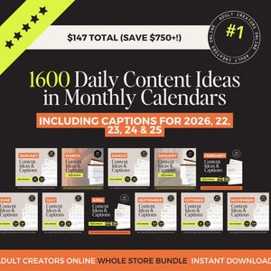 May include: A promotional image for content ideas for adult creators. The image features the text "1600 Daily Content Ideas in Monthly Calendars" and includes captions for the years 2026, 22, 23, 24, and 25. The image also displays several calendar examples.