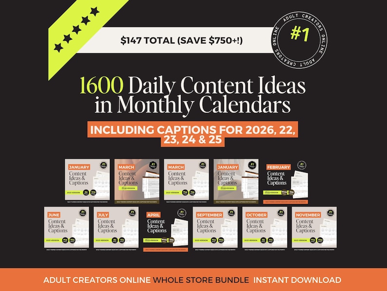 May include: A promotional image for content ideas for adult creators. The image features the text "1600 Daily Content Ideas in Monthly Calendars" and includes captions for the years 2026, 22, 23, 24, and 25. The image also displays several calendar examples.