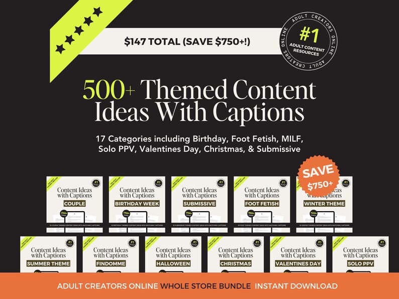 May include: A black graphic with text promoting "500+ Themed Content Ideas With Captions" for adult creators. The graphic includes category examples like "Birthday" and "Valentines Day", and a "Save $750+" badge.
