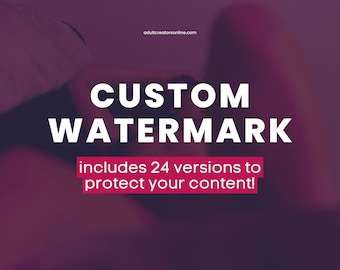 Könnte beinhalten: Eine lila und weiße Grafik mit dem Text "CUSTOM WATERMARK" und "includes 24 versions to protect your content!" in weiß auf lila Hintergrund.