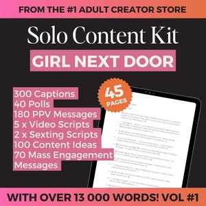 Kit de contenu Onlyfans Girl Next Door - 300 sous-titres, 40 sondages, 5 vidéos, 2 scripts de sexting, 100 idées de contenu. 250 messages de fiançailles à la carte