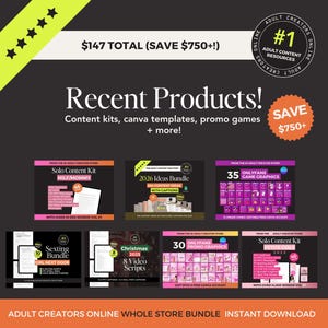 May include: A promotional graphic for adult content resources. The image features a dark background with text and product mockups. The text includes "Recent Products!" and "Content kits, canva templates, promo games + more!"