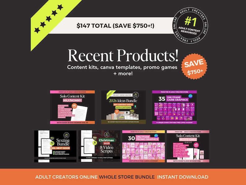 May include: A promotional graphic for adult content resources. The image features a dark background with text and product mockups. The text includes "Recent Products!" and "Content kits, canva templates, promo games + more!"
