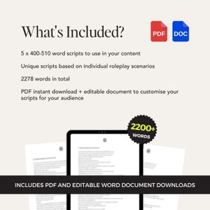 May include: A digital product listing for 5 roleplay scripts totaling over 2200 words. The scripts are available for instant download in PDF and Word document formats. The image shows a tablet displaying a script and a text overlay with the words "What's Included?" and "INCLUDES PDF AND EDITABLE WORD DOCUMENT DOWNLOADS".