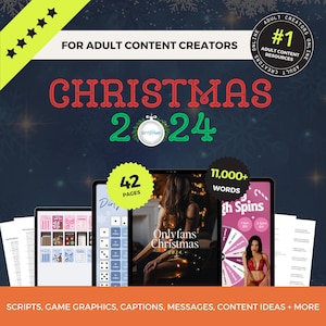 May include: Digital advertisement for adult content creators, featuring the text "Christmas 2024". The image shows tablets displaying content, including "Onlyfans Christmas" and "11,000+ words". The image also includes the text "Scripts, Game Graphics, Captions, Messages, Content Ideas + More."