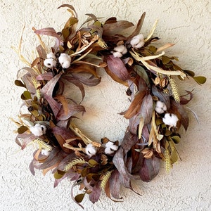 Neutral Fall  Wreath with Eucalyptus, Cotton Balls, Wheat Stems for Front Door. Artificial Foliage looks Natural. Thanksgiving Housewarming