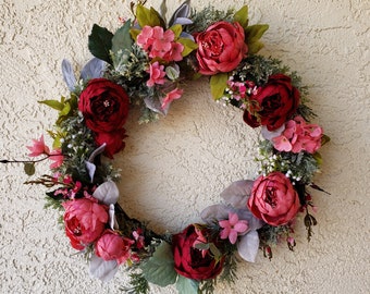 Deep Rose and Subtle Red Artificial Peony Spring Wreath with Berries and Lavender for Front Door/Interior Wall/Mother's Day Gift