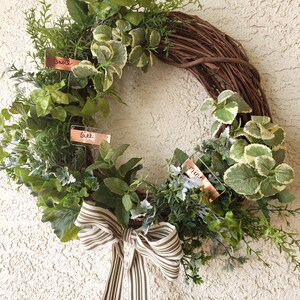 Summer Artificial Herb Wreath for Kitchen/Interior Wall. Mixed faux herbs with garden stakes and bow.