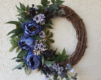 Blue Peony Crescent Wreath with Blueberries for Front Door, Entryway or Fireplace.  Eucalyptus  Daisy Mist Flower for Gifts Housewarming