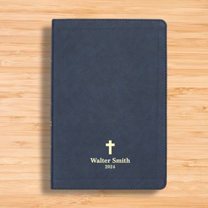 Personalized CSB Bible Christian Standard Bible, Large Print Thinline Holy Bible with Navy Faux Leather Custom Bible Cover, Christian Gift