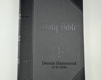 Personalized KJV Bible King James Version, Black and Gray Two-tone Faux Leather Custom Bible Cover with Thumb Index, Giant Print Bible