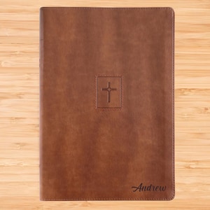 Personalized NIV Bible New International Version, Large Print Thinline Bible with Brown Faux Leather Custom Bible Cover, Red Letter