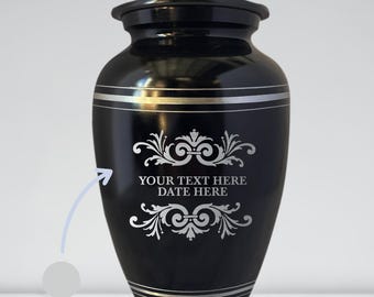 Personalized Black Polished Finish Cremation Urn with Silver Rims - Memorial Swirl Design