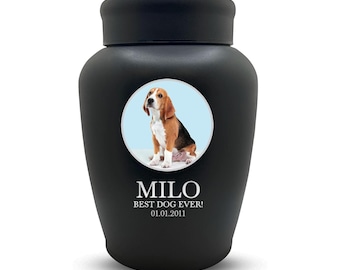 Personalized Dog Photo Cremation Urn, Laser Engraved Pet Memorial, Powder Coated Stainless Steel