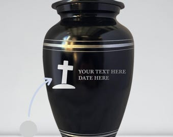 Personalized Polished Black Aluminum Cremation Urn with Silver Rim, Tombstone & Engraved Name Design
