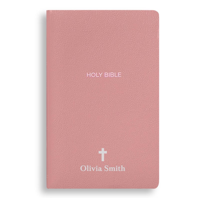 Personalized NKJV Bible New King James Version Faux Leather Holy Bible with Custom Name Small Print with Red-Highlighted Verses Pink image 1
