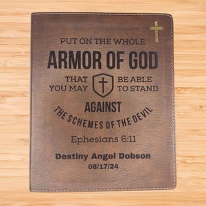 Personalized NIV Bible - Lined Wide Margin Journaling Bible Engraved with Ephesians 6:11 Design - Brown Faux Leather Custom Bible Cover