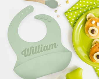 Custom Baby Bib Personalized Silicone Bib with Food Catcher and Spoon Set Reusable and Waterproof Toddler Bib New Mom Gift Baby Shower Gift