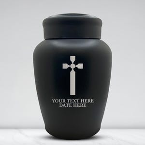 Cross Designed Black Cremation Urn for Christian Adults, Powder Finish Custom Name Date Laser Engraved  Stainless Steel Ashes Funeral Urn