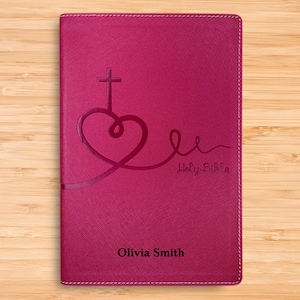 Personalized NIV Bible New International Version - Thinline Bible for Kids - Textured Pink Heart Faux Leather Custom Cover Holy Book