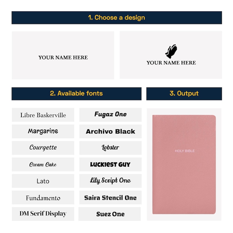 May include: A pink notebook with the words "HOLY BIBLE" printed on the front cover. The notebook is surrounded by a grid of boxes with different font names and a design option for a personalized notebook.