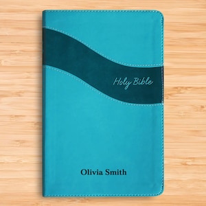 Personalized NIV Bible New International Version - SMALL PRINT Bible - Teal Faux Leather Custom Bible Cover - Red Letter Edition Holy Bible