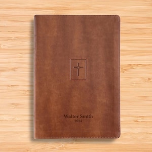 Personalized NIV Bible New International Version - Large Print Thinline Holy Bible - Brown Faux Leather Custom Bible Cover with Cross