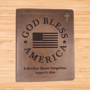 Personalized NIV Bible - Lined Wide Margin Journaling Bible Engraved with God Bless America Design - Brown Faux Leather Custom Bible Cover