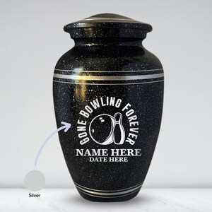 May include: Black speckled urn with silver trim and lid. The urn features the text "GONE BOWLING FOREVER" around a bowling ball and pin graphic. Below the graphic is space for a name and date.