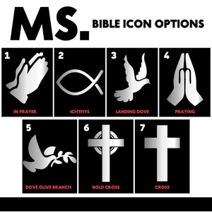 May include: A black and white graphic showing 7 different Christian symbols. The symbols include a dove, a cross, a fish, and hands in prayer. The symbols are numbered 1 through 7 and each symbol has a title below it.