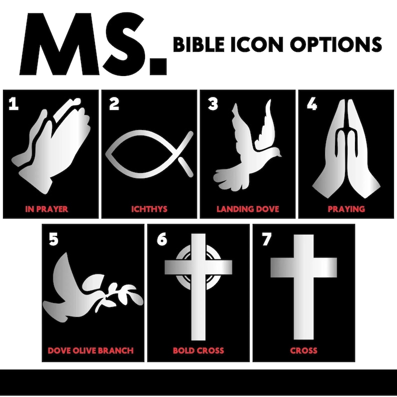 May include: A black and white graphic showing 7 different Christian symbols. The symbols include a dove, a cross, a fish, and hands in prayer. The symbols are numbered 1 through 7 and each symbol has a title below it.
