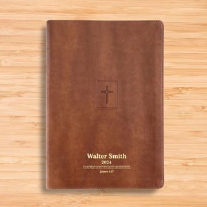 Personalized NIV Bible New International Version - Large Print Thinline Holy Bible - Brown Faux Leather Custom Bible Cover with Cross