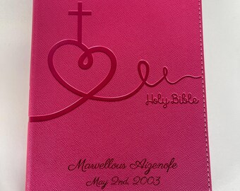 Personalized NIV Bible New International Version - Thinline Bible for Kids - Textured Pink Heart Faux Leather Custom Cover Holy Book