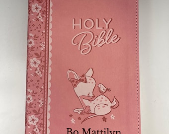 Baby Deer Forest Animal Design Personalized Floral Pink Faux Leather NLT New Living Translation Bible Keepsake for Girls - Baptism Gift