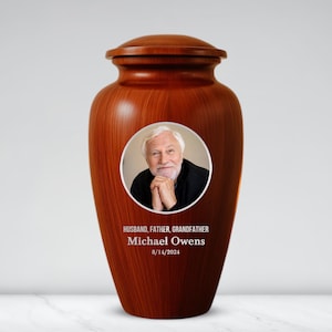 Urns for Human Ashes Custom Photo, Personalized Memorial Colored Picture Design in Painted Wood Finish Laser Engraved Aluminum Cremation Urn