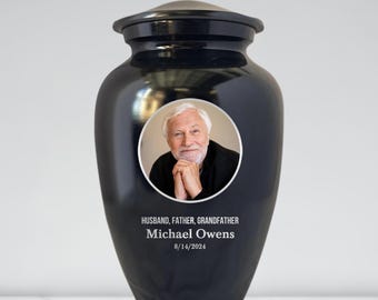 Extra Large Urns for Human Ashes Photo, Personalized Memorial Portrait in Polished Black Aluminum Urn, Custom Silver Engraved Cremation Urns