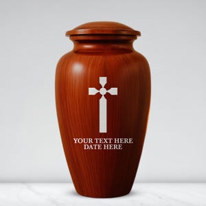 Urn Adult Male Cross Design, Personalized Wood Finish Large Cremation Urn, Custom Engraved Ingrained Series Human Ashes Funeral Aluminum Urn