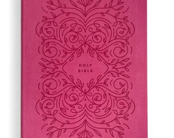 Personalized NLT Bible New Living Translation, Medium Print Bible, Pink Faux Leather Custom Bible Cover with Vine Design, Baptism Gift