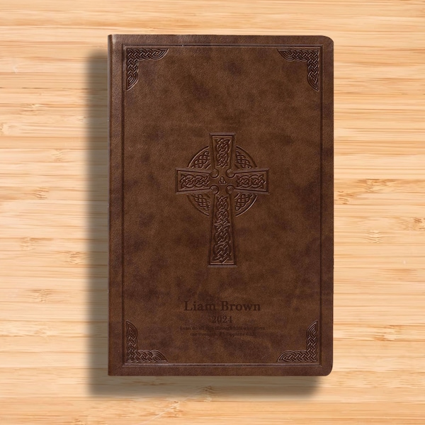 Personalized CSB Bible Christian Standard Bible with Celtic Cross Design, Large Print Bible with Brown Faux Leather Custom Bible Cover