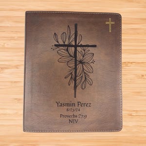 Personalized NIV Bible - Lined Wide Margin Journaling Bible Engraved with Floral and Cross Design - Brown Faux Leather Custom Bible Cover