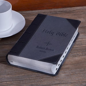 Personalized KJV Bible King James Version, Black and Gray Two-tone Faux Leather Custom Bible Cover with Thumb Index, Giant Print Bible