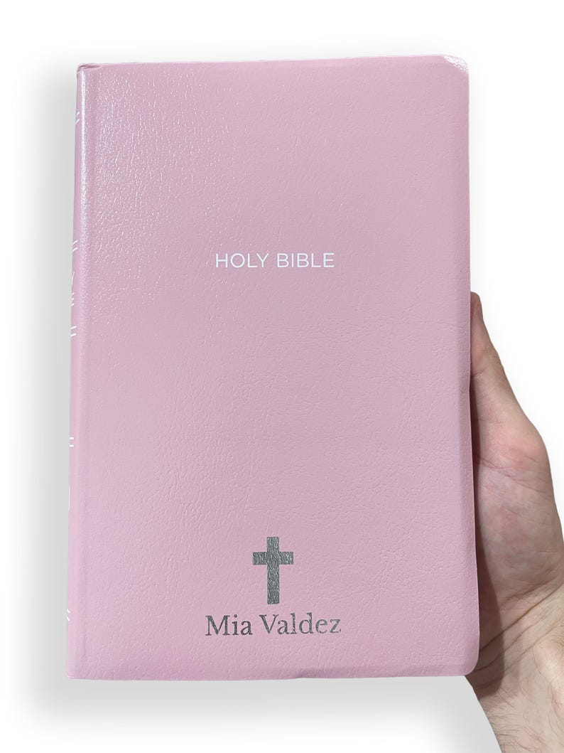 Personalized NKJV Bible New King James Version Faux Leather Holy Bible with Custom Name Small Print with Red-Highlighted Verses Pink image 2