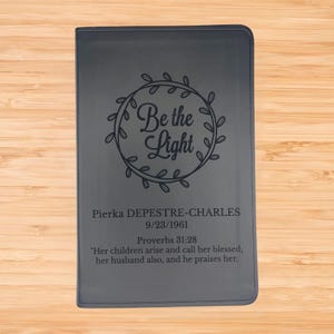 Personalized ESV Thinline Bible with Be the Light Design - Black Faux Leather Custom Bible Cover - Laser Engraved Bible - Christian Gift