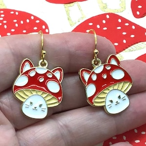 Cat Earrings, Mushroom Earrings,  Cat Mushroom Earrings, Kawaii Cat Earrings, Kawaii Mushrooms,  Fun Cat Earrings, Fun Mushroom Earrings,