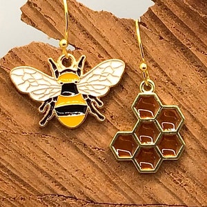 Bee Earrings, Mismatched Earrings, Honey Bee Earrings, Bee Jewelry, Honeycomb Earrings, Bee and Honeycomb Earrings, Cute Bee Earrings