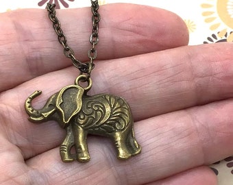 Elephant Necklace, Elephant Jewelry, Antique Bronze Elephant Necklace, Indian Elephant Necklace, Gift for Elephant Lover, Bronze Elephant